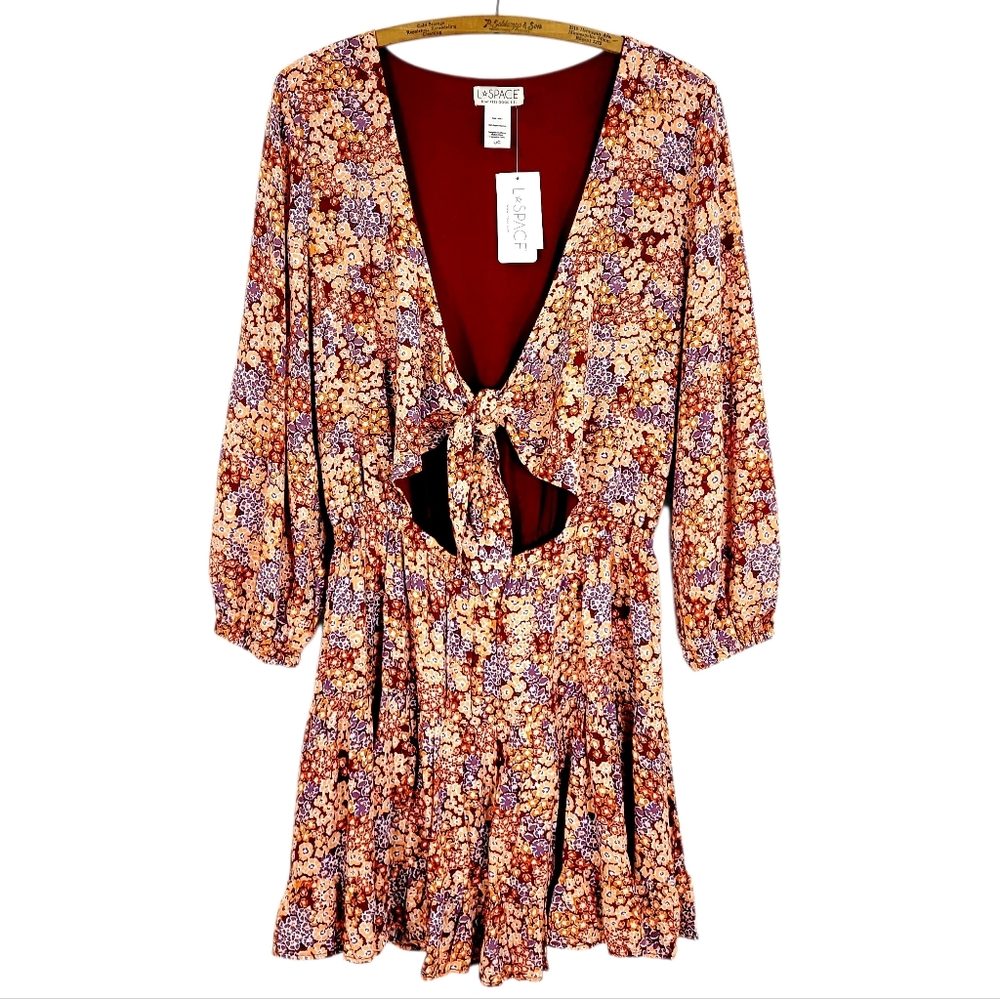 NWT L*SPACE Stay Golden Ditsy Floral Print Cut Out Tie Front Tiered Mini Dress L - Picture 2 of 10